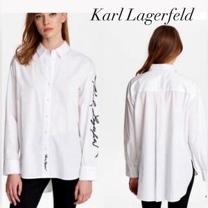 Karl Lagerfeld | M/L | White Button-Down Long Sleeve Script Sleeve Detailing Top